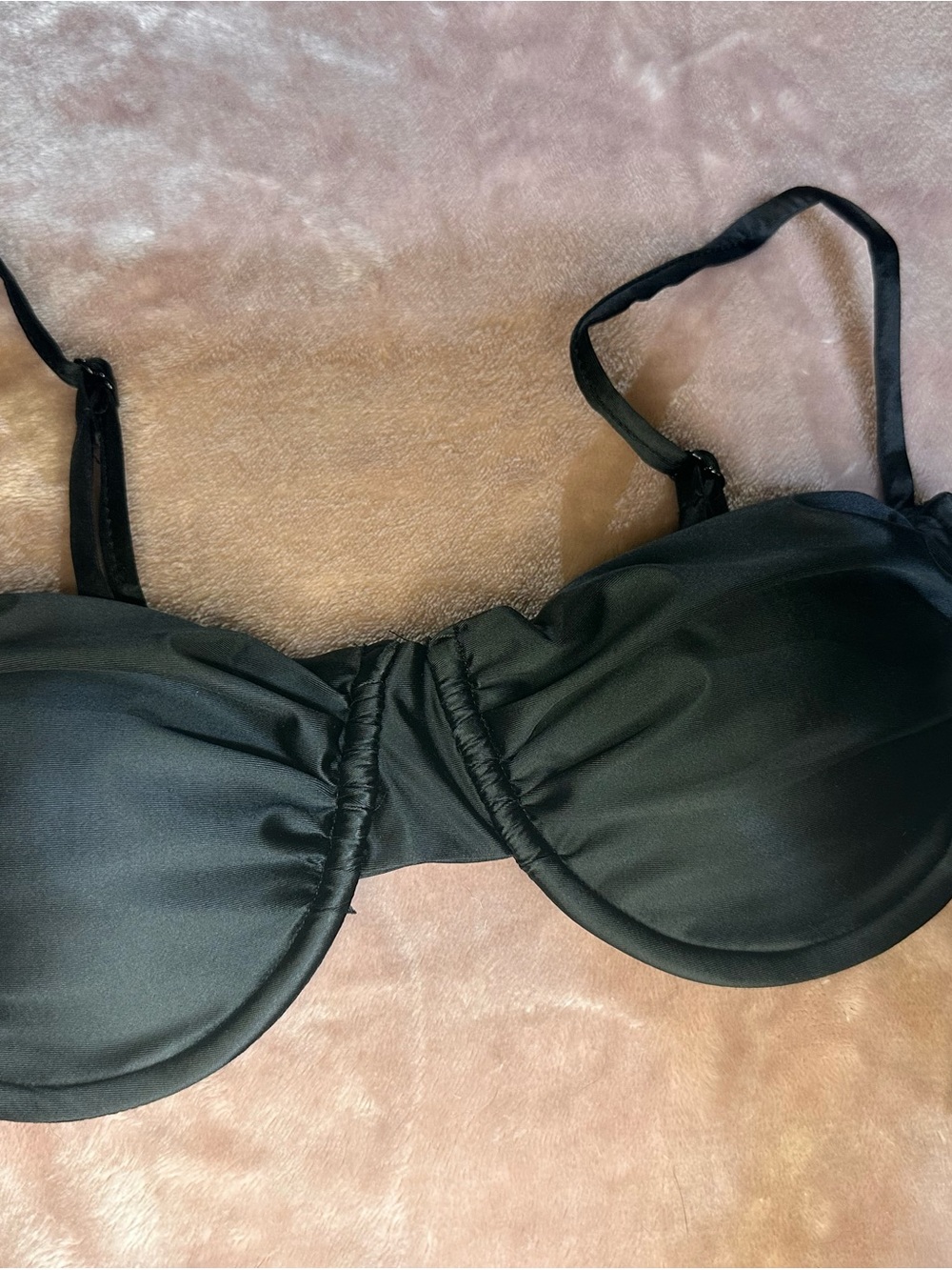 Good American Black Ruched Demi Cup Bikini Satin Top NWT